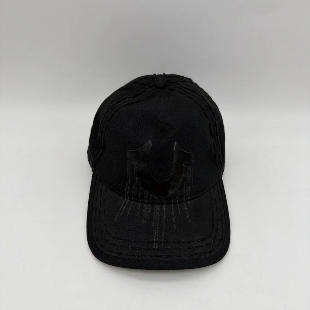 True Religion Hat Cap Mens One Size Black Horseshoe Drip Logo Leather Strapback